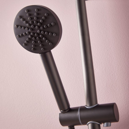 NU-080 Scudo Exposed Shower Riser Rail in Matt Black Handset Close Up