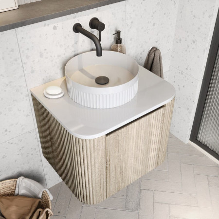 VESSEL008 Scudo Fluted 360mm Round Countertop Basin with a Linea Curve Oak Cabinet
