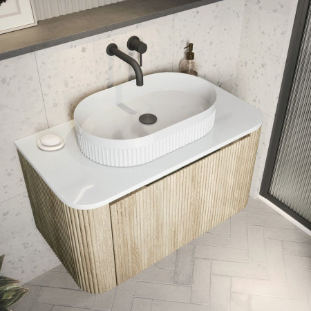 VESSEL007 Scudo Fluted 575mm Oval Countertop Basin with a Linea Curve Oak Cabinet