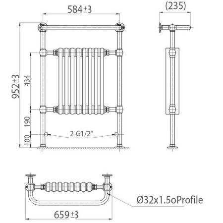 TRADRAD002 Scudo Harrogate 8 Column Traditional Towel Rail Dimensions