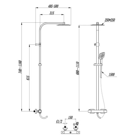 SHOWER010 Scudo Helier Square Cool Touch Rigid Riser Shower Line Drawing