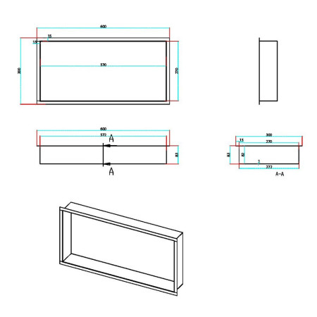SN-6X3-BBRASS Scudo Inset Shower Niche 600 x 300mm in Brushed Brass Line Drawing