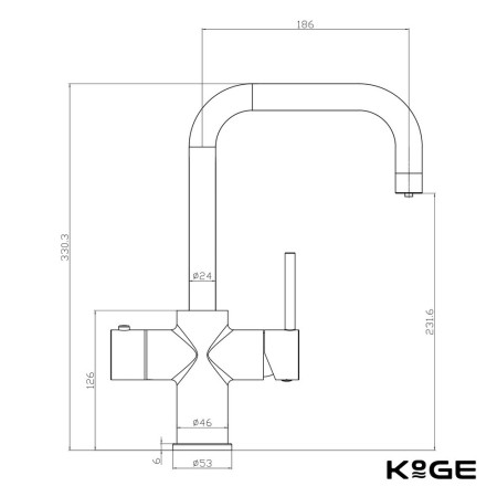 HOT006 Scudo KoGE 3 in 1 Square Spout Boiling Water Tap Line Drawing