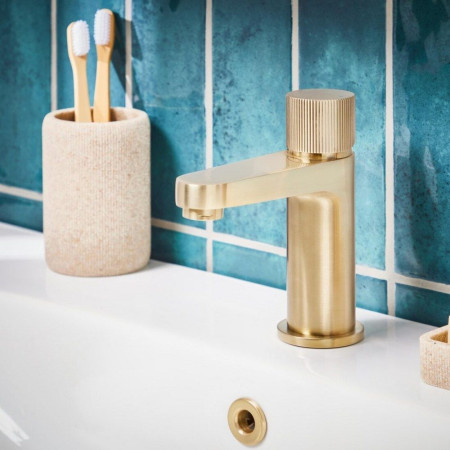 KO-012 Scudo Koko Brushed Brass Mono Basin Mixer Bathroom Setting