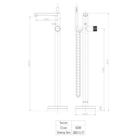 KO-035 Scudo Koko Brushed Bronze Freestanding Bath Shower Mixer Line Drawing