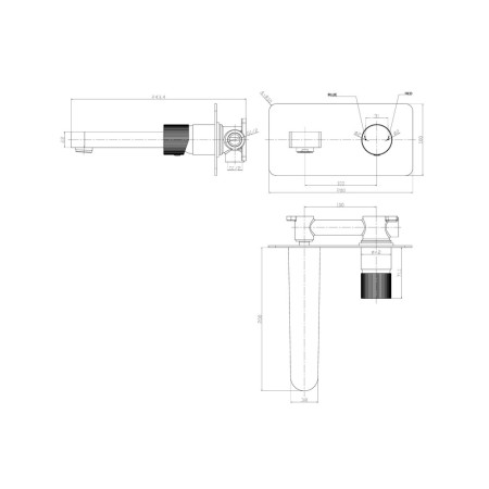 KO-024 Scudo Koko Gunmetal Wall Mounted Basin Mixer Line Drawing