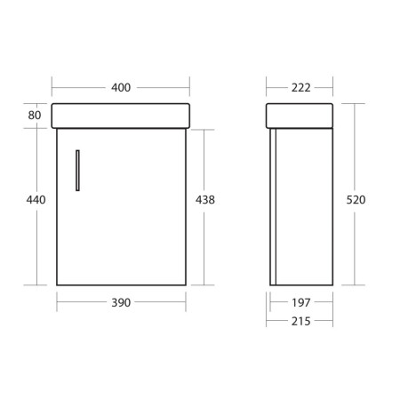 LANZAWALL/LANZABASIN Scudo Lanza 400mm Wall Hung Cloakroom Vanity Unit with Basin in Gloss White Line Drawing