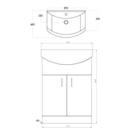 POLAR-650-BASINUNIT/LANZA650BASIN Scudo Lanza 650mm Floor Standing Vanity Unit with Basin in Gloss White Line Drawing