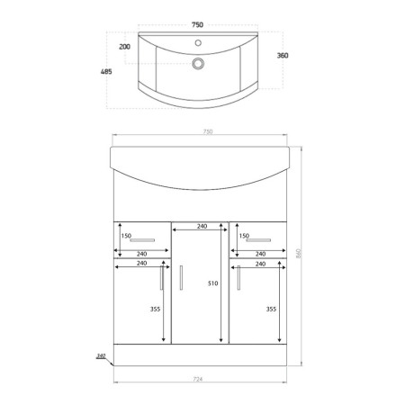 POLAR-750-BASINUNIT/LANZA750BASIN Scudo Lanza 750mm Floor Standing Vanity Unit with Basin in Gloss White Dimensions