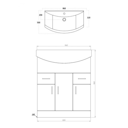 POLAR-850-BASINUNIT/LANZA850BASIN Scudo Lanza 850mm Floor Standing Vanity Unit with Basin in Gloss White Line Drawing
