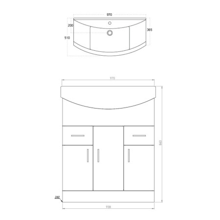 POLAR-950-BASINUNIT/LANZA950BASIN Scudo Lanza 950mm Floor Standing Vanity Unit with Basin in Gloss White Line Drawing