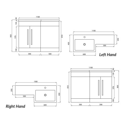 600CAB-LILI-MATTGREY/L-1100-WCUNIT-MATTGREY/L-1100-RIGHT Scudo Lili 1100mm Right Handed Two Door Furniture Pack in Matt Grey Line Drawing