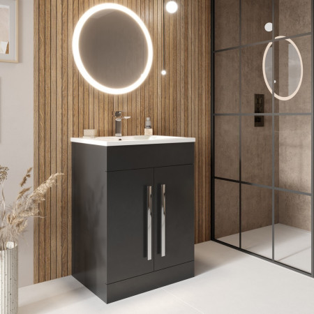 600CAB-LILI-MATTGREY/THIN600BASIN Scudo Lili 600mm Two Door Vanity Unit with Basin in Matt Grey Lifestyle