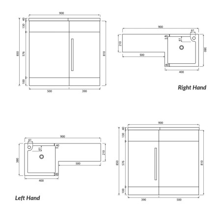 L-900-BASINCAB-MATTGREY/L-900-WCUNIT-MATTGREY/L-900-RIGHT Scudo Lili 900mm Right Handed Furniture Pack in Matt Grey Line Drawing