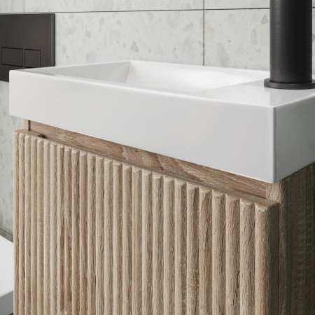 Scudo Linea 400mm Sonoma Oak Wall Hung Cloakroom Vanity Unit and Basin Close Up