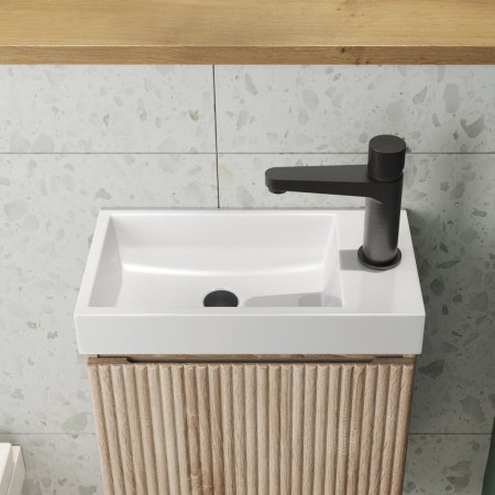 Scudo Linea 400mm Sonoma Oak Wall Hung Cloakroom Vanity Unit and Basin with Black Tap