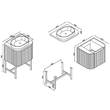 Scudo Linea Curve 600mm Matt Black Wall Hung Vanity Unit and Basin Line Drawing