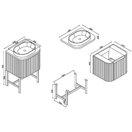 Scudo Linea Curve 600mm Sonoma Oak Wall Hung Vanity Unit with Curved Basin and Frame Line Drawing