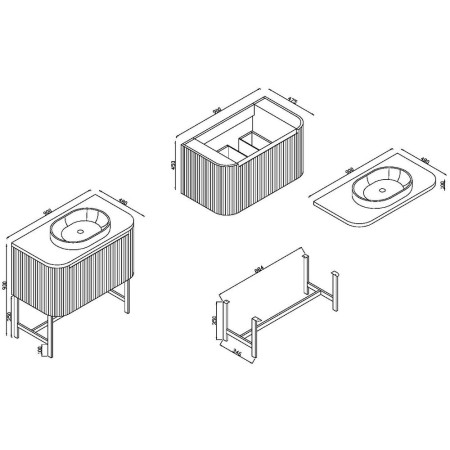 Scudo Linea Curve 900mm Sonoma Oak Wall Hung Vanity Unit with Curved Basin and Frame Line Drawing