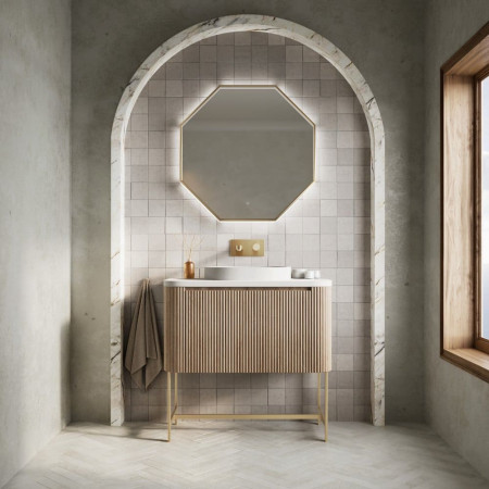 Scudo Linea Curve 900mm Sonoma Oak Wall Hung Vanity Unit and Basin Lifestyle