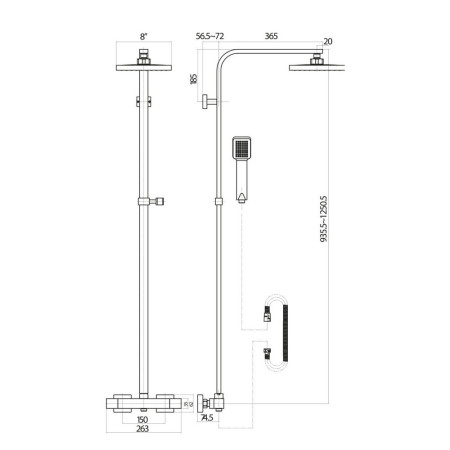 BLACK008ORB Scudo Lunar Square Black Rigid Riser Shower Line Drawing
