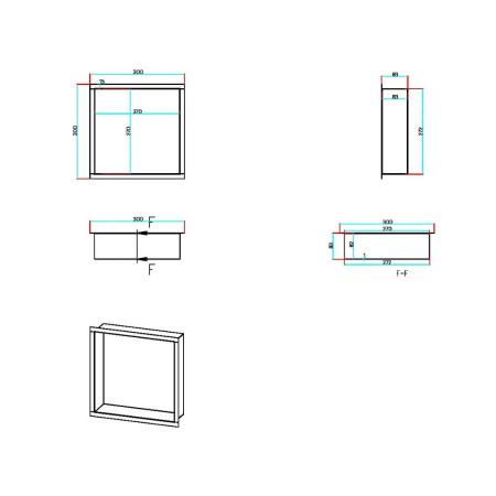 SN-3X3-BBRASS Scudo Inset Shower Niche 300 x 300mm in Brushed Brass Line Drawing