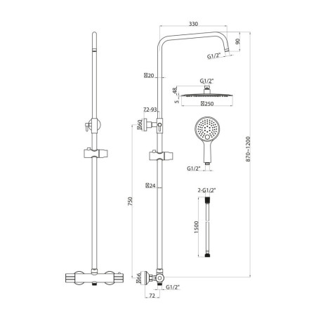 SHOWER009 Scudo Messi Round Cool Touch Rigid Riser Shower Line Drawing