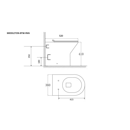 MIDDLETON-BTW-PAN Scudo Middleton Rimless Back to Wall Pan & Soft Closing Seat Line Drawing