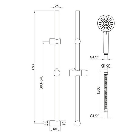 RISERKIT005L Scudo Middleton Riser Rail Kit with Adjustable Brackets in Chrome Line Drawing