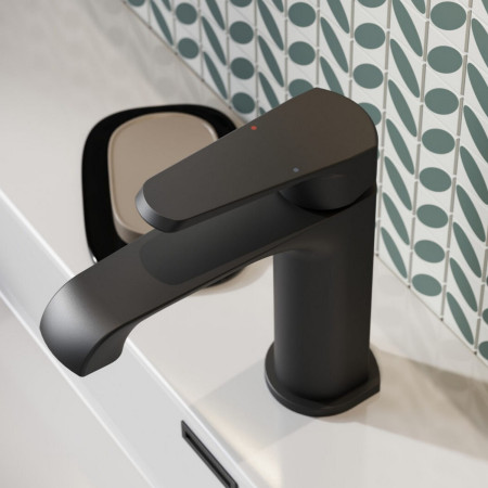 MON-012 Scudo Montana Mini Mono Basin Mixer in Black Installed on a Basin