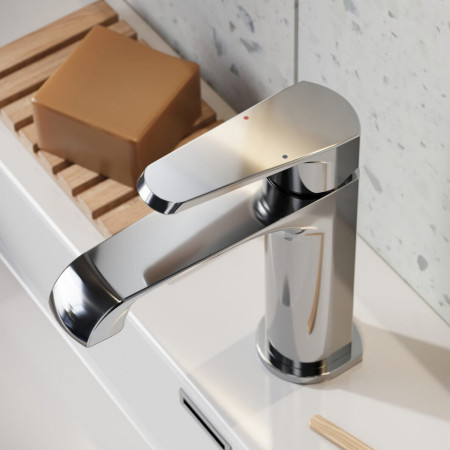 MON-011 Scudo Montana Mini Mono Basin Mixer in Chrome installed on a Basin