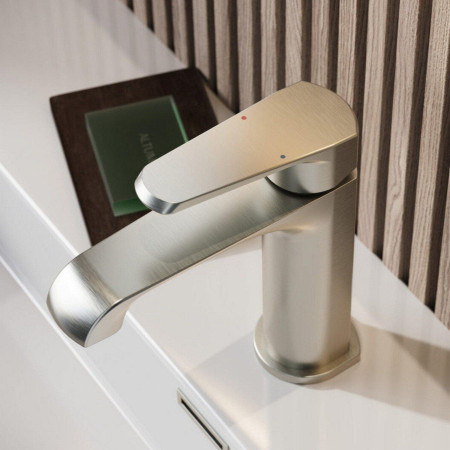 MON-008 Scudo Montana Mono Basin Mixer in Brushed Nickel Installed on a Basin