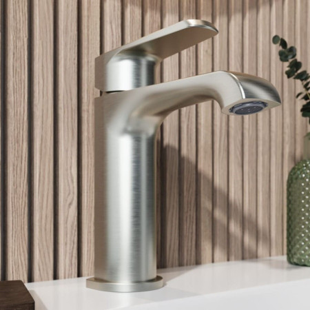 MON-013 Scudo Montana Mini Mono Basin Mixer in Brushed Nickel Spout Close Up