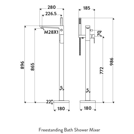 TAP240 Scudo Muro Freestanding Bath Shower Mixer in Chrome Line Drawing