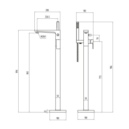 BLACK240ORB Scudo Muro Freestanding Bath Shower Mixer in Matt Black Line Drawing