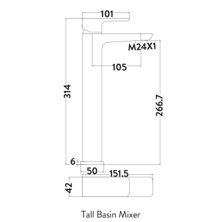 BLACK244ORB Scudo Muro Tall Basin Mixer in Matt Black Line Drawing