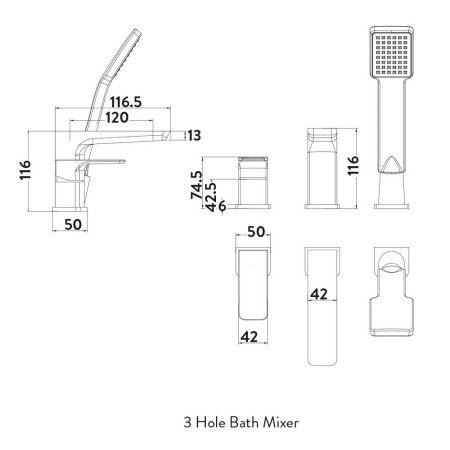 TAP246 Scudo Muro Three Tap Hole Bath Mixer in Chrome Line Drawing