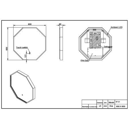 MIRROR016 Scudo Passa 600 x 600mm LED Brushed Brass Bathroom Mirror Line Drawing
