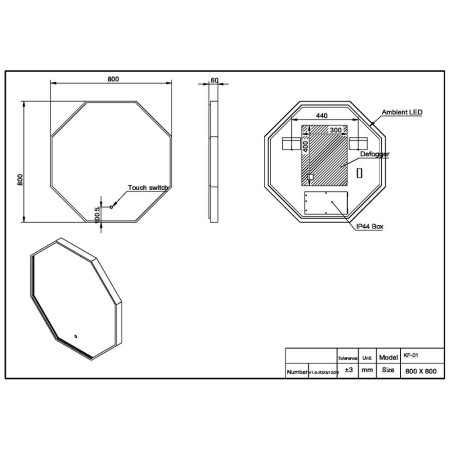 MIRROR018 Scudo Passa 800 x 800mm LED Brushed Brass Bathroom Mirror Line Drawing