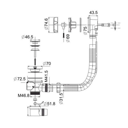 BW001 Scudo Pop Up Bath Waste with Overflow in Chrome Line Drawing