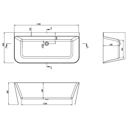 BATH-005 Scudo Porto 1700 x 800mm Back to Wall Bath Line Drawing