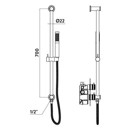 NU-131 Scudo Riser Rail and Handset with Hose in Brushed Brass Line Drawing