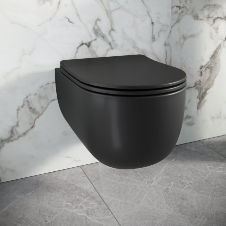 WH-RD-BLK Scudo Riviera Rimless Matt Black Round Wall Hung Pan and Seat Side View