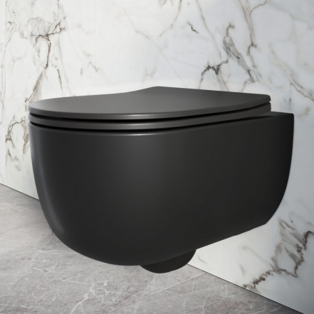 WH-RD-BLK Scudo Riviera Rimless Matt Black Round Wall Hung Pan and Seat Lifestyle
