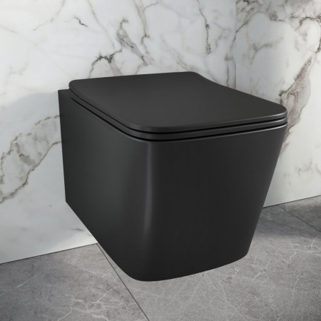 WH-SQ-BLK Scudo Riviera Rimless Matt Scudo Riviera Rimless Matt Black Square Wall Hung Pan and Seat Front ViewWall Hung Pan and Seat Front View