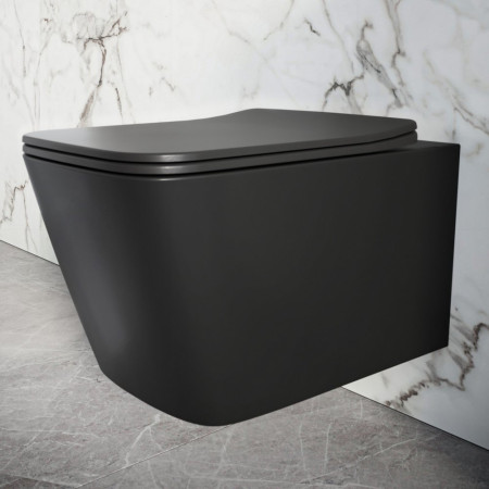 WH-SQ-BLK Scudo Riviera Rimless Matt Black Square Wall Hung Pan and Seat Lifestyle