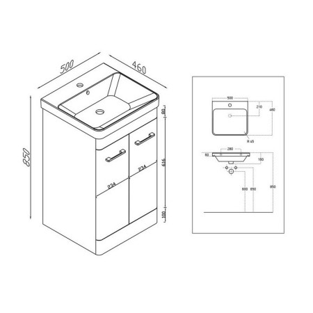ROSSINI03/DEEP500 Scudo Rossini Floorstanding 500mm Vanity Unit & Basin in Gloss Pebble Grey Line Drawing