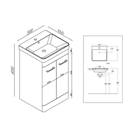ROSSINI02/DEEP500 Scudo Rossini Floorstanding 500mm Vanity Unit & Basin in Gloss White Line Drawing
