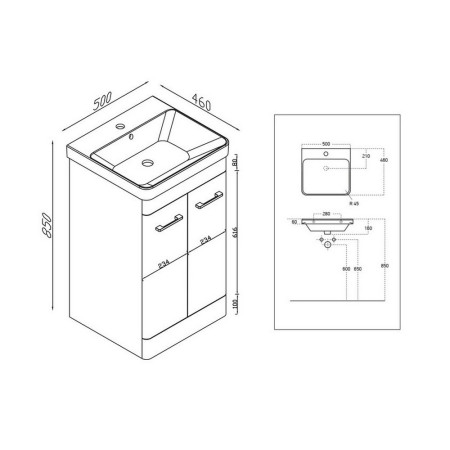 ROSSINI05/DEEP500 Scudo Rossini Floorstanding 500mm Vanity Unit & Basin in Gloss Wolf Grey Line Drawing