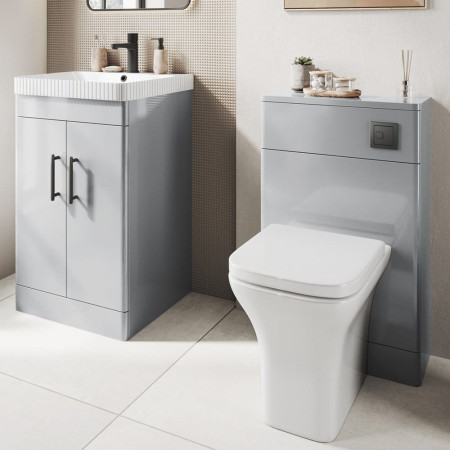 ROSSINI04/DEEP600 Scudo Rossini Floorstanding 600mm Vanity Unit & Basin in Gloss Pebble Grey with Fluted Basin